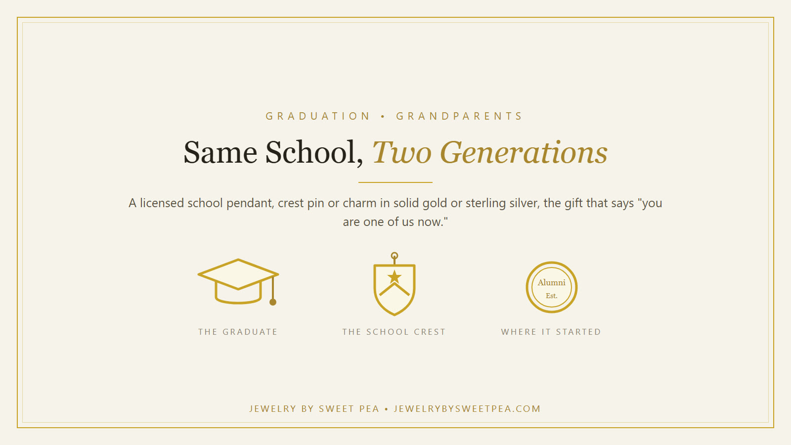 Cream and gold graphic reading Same School, Two Generations, with a graduation cap, a school crest and an alumni seal