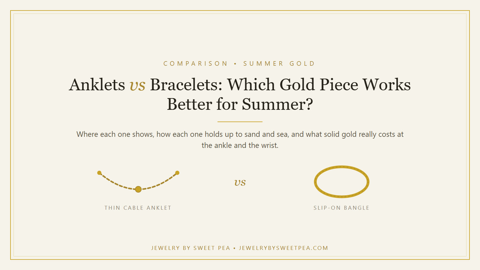 Illustration of a gold chain anklet and a gold bangle bracelet side by side on a cream background for an article comparing anklets and bracelets for summer