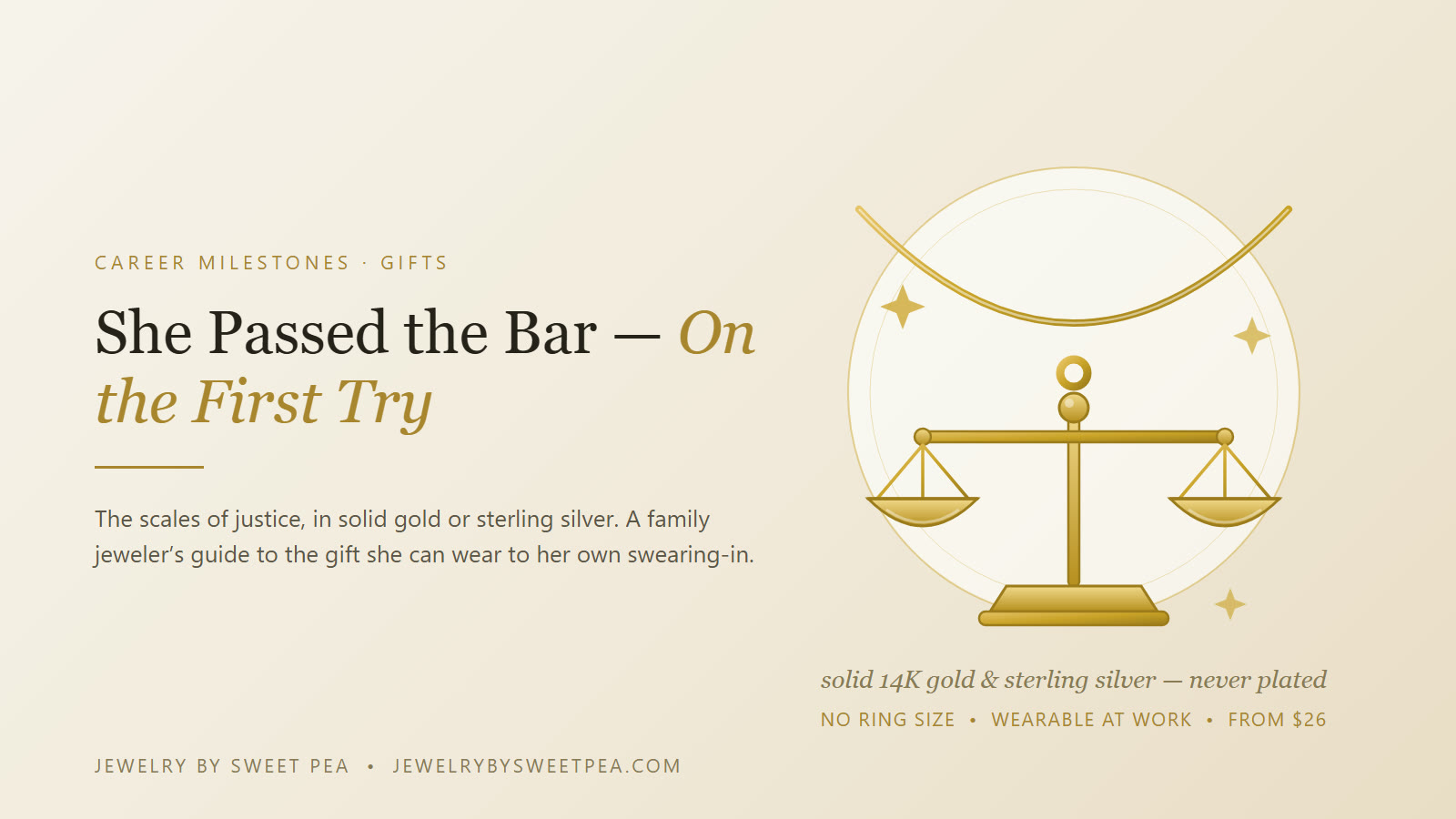 Solid 14K gold scales of justice pendant on a chain — a jewelry gift for a daughter who passed the bar exam on her first try