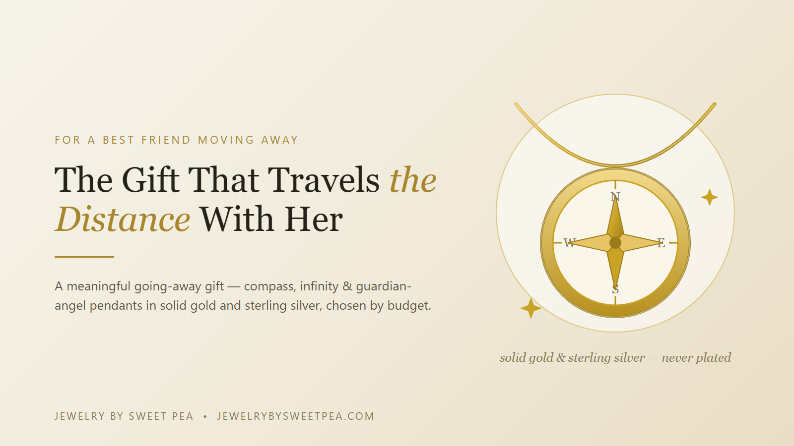Meaningful going-away jewelry gift for a best friend moving across the country — a gold compass pendant on a chain