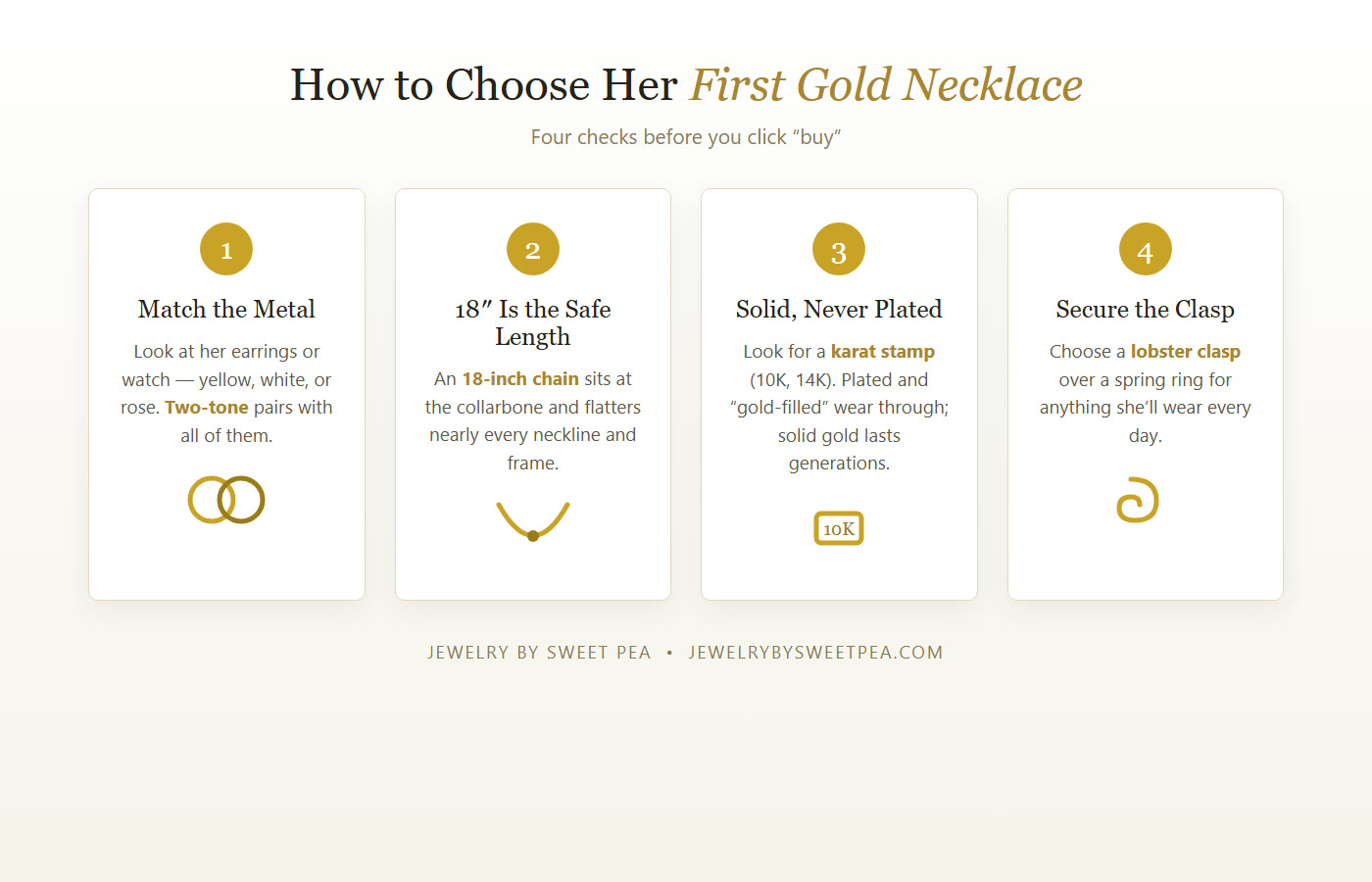 How to choose a first gold necklace: match the metal tone, pick an 18-inch length, buy solid not plated, choose a lobster clasp