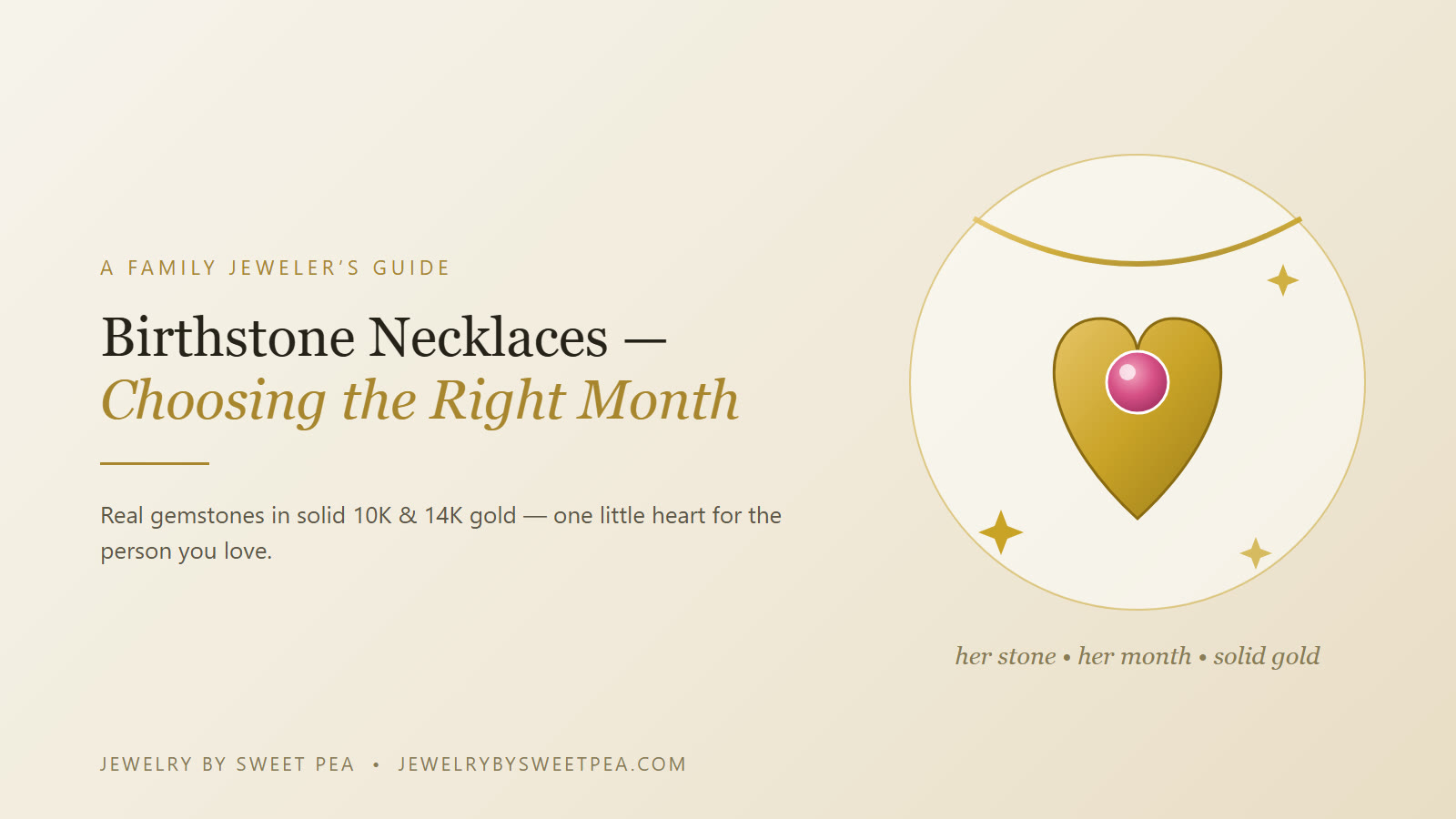 A solid gold birthstone heart necklace on a cream background — a family jeweler's guide to choosing a birthstone necklace by the right month