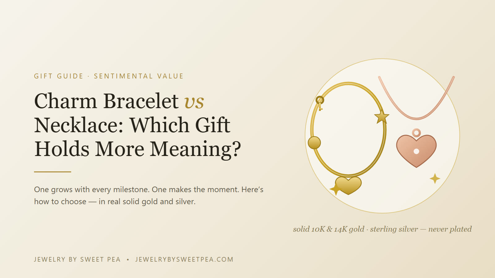 Charm bracelet versus heart necklace as a sentimental gift — solid gold pieces from Jewelry by Sweet Pea