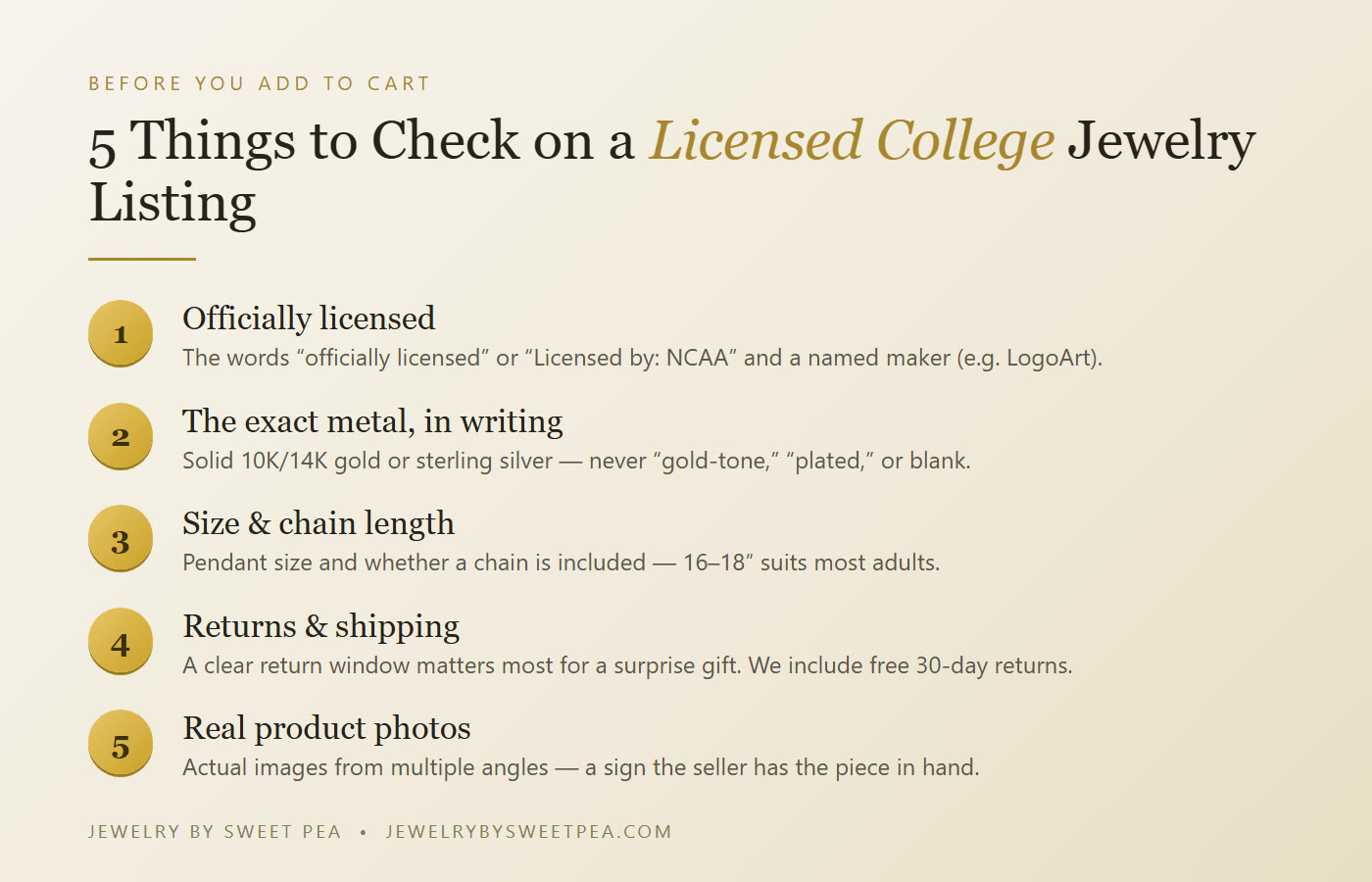 Five-point checklist for buying licensed college jewelry online: licensing, metal, size and chain length, returns, and real photos