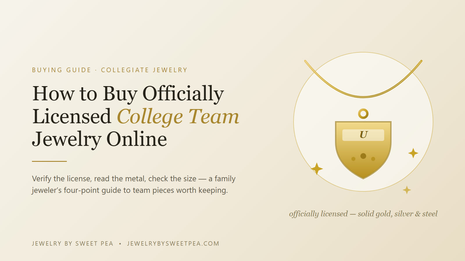 Officially licensed college team jewelry — a solid gold university pendant, sterling silver team charm, and licensed watch on cream linen