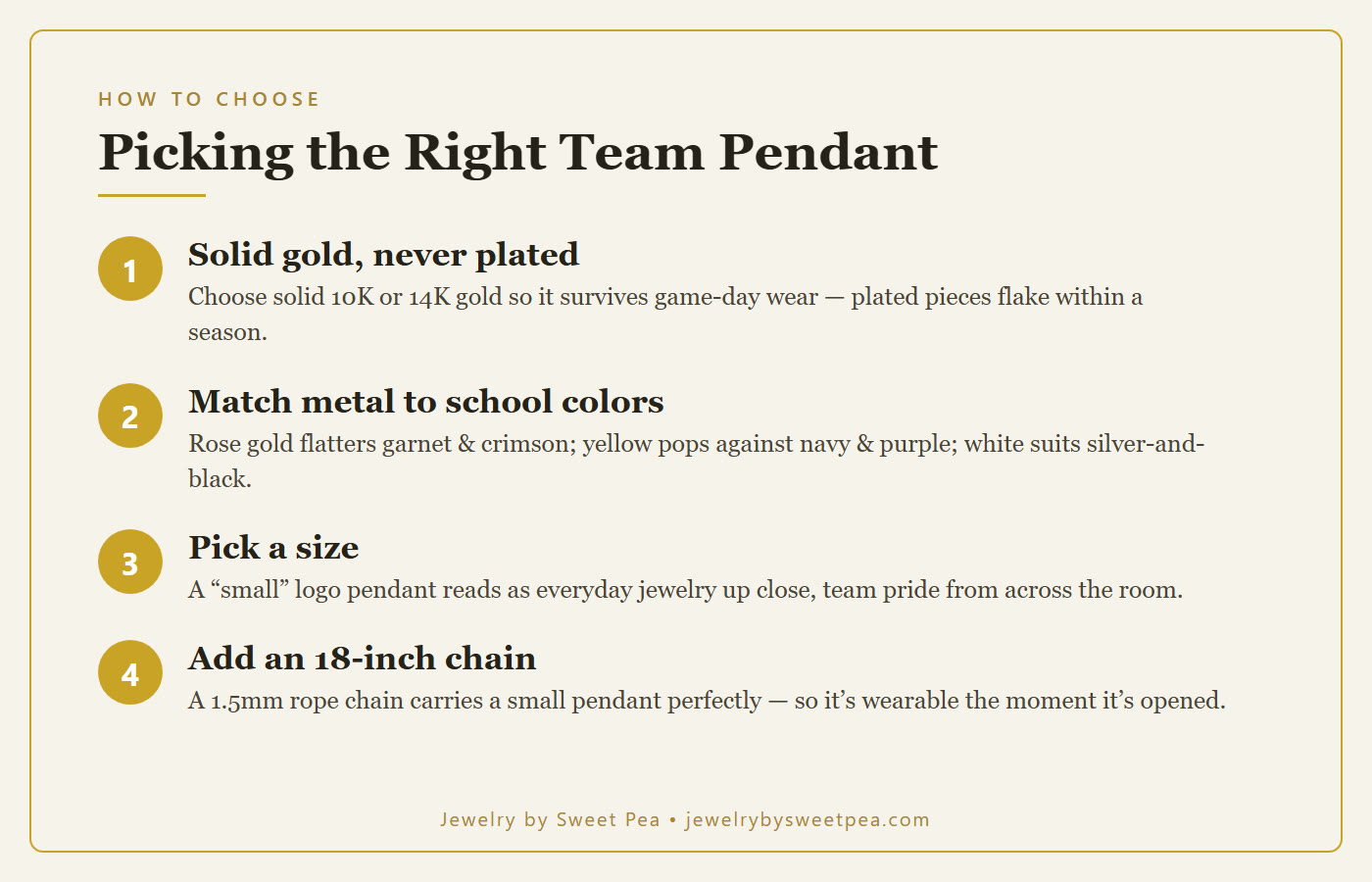 How to choose a solid gold college team pendant: pick solid gold not plated, match the school colors to the metal, choose a size, and add an 18-inch chain