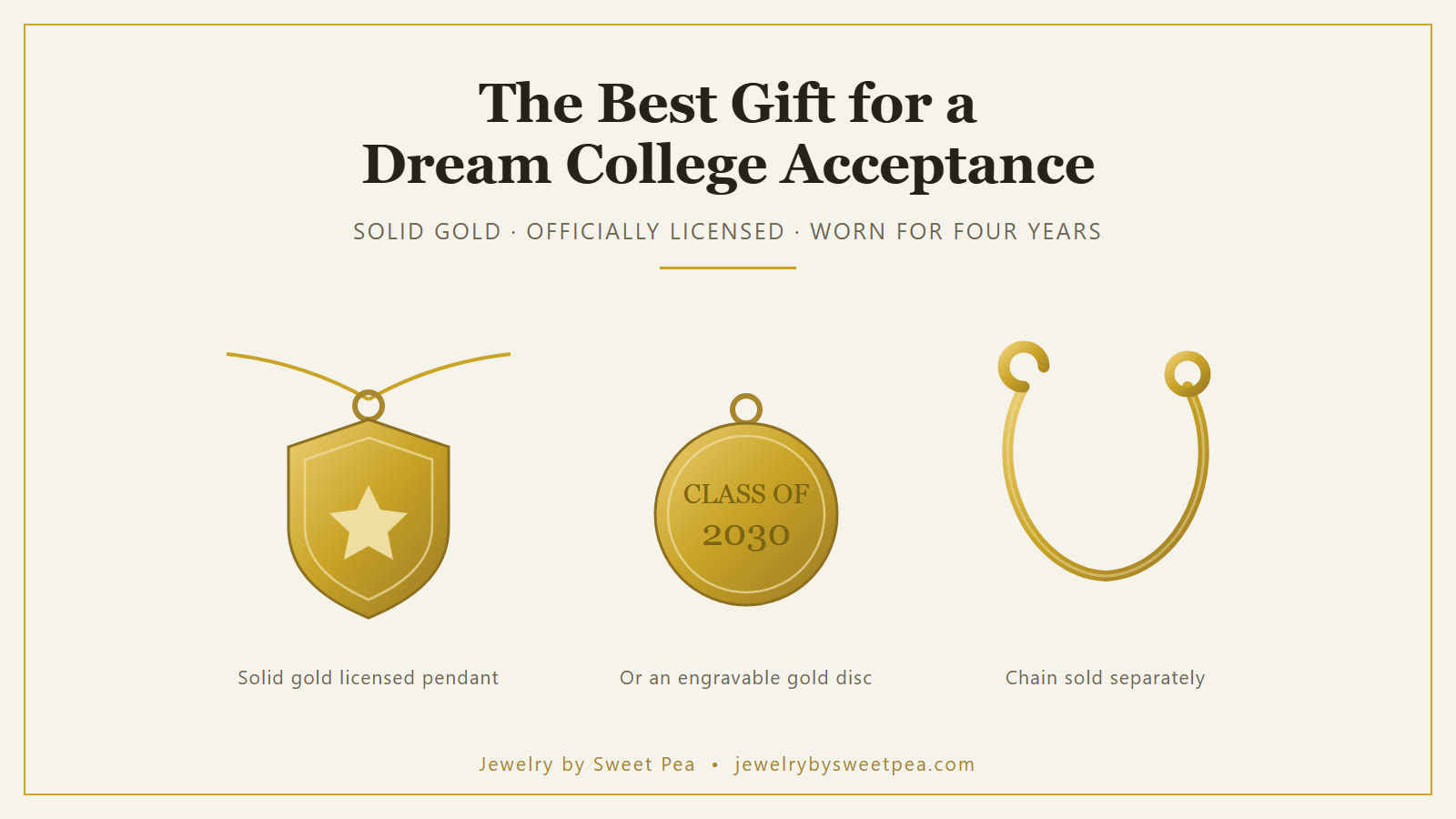 A gold university letter pendant on a fine gold chain resting on a college acceptance letter, with a gold engravable disc alongside