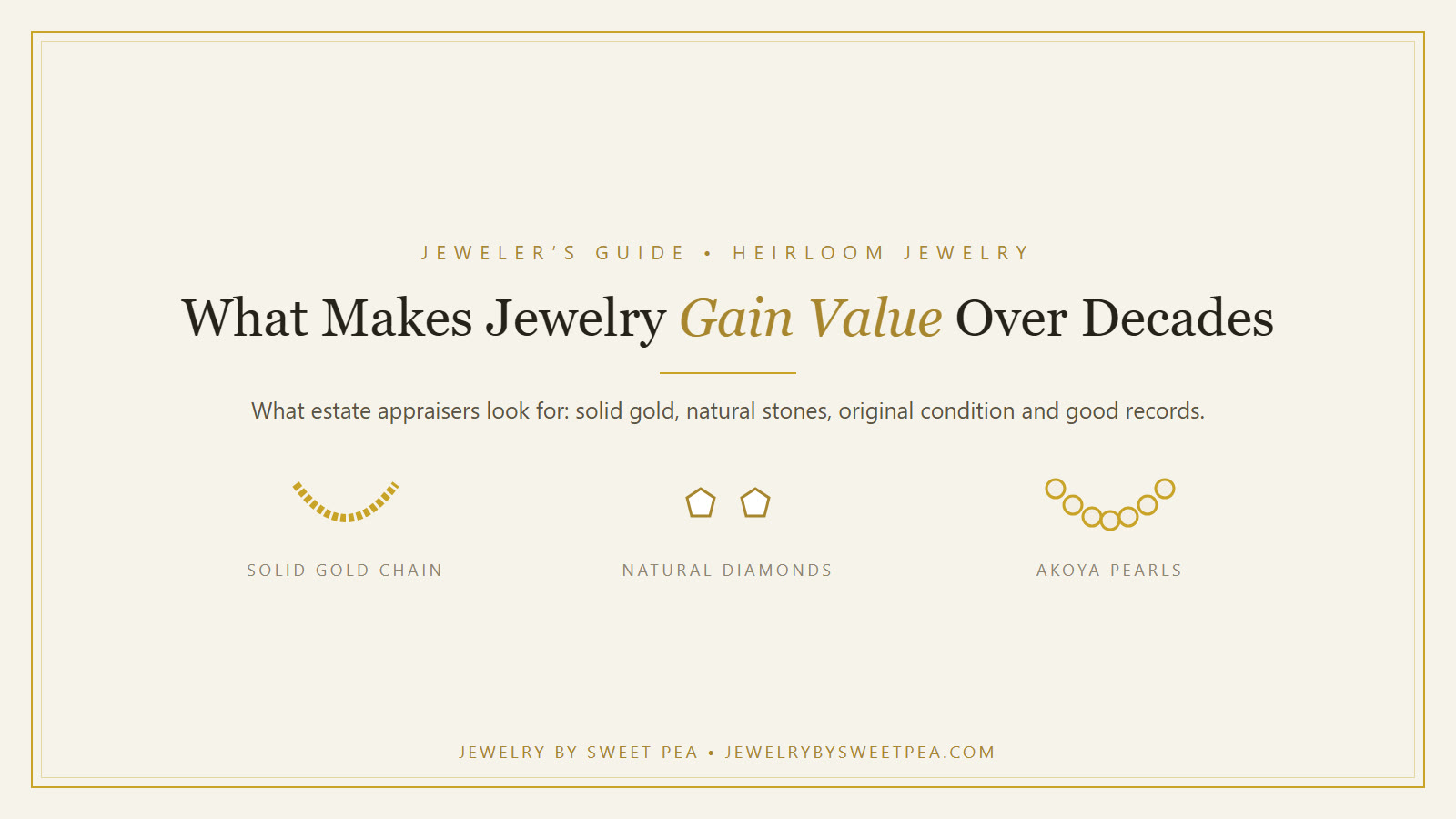 Illustration of a solid gold rope chain, diamond studs and an Akoya pearl strand on a cream background for an article on estate jewelry value