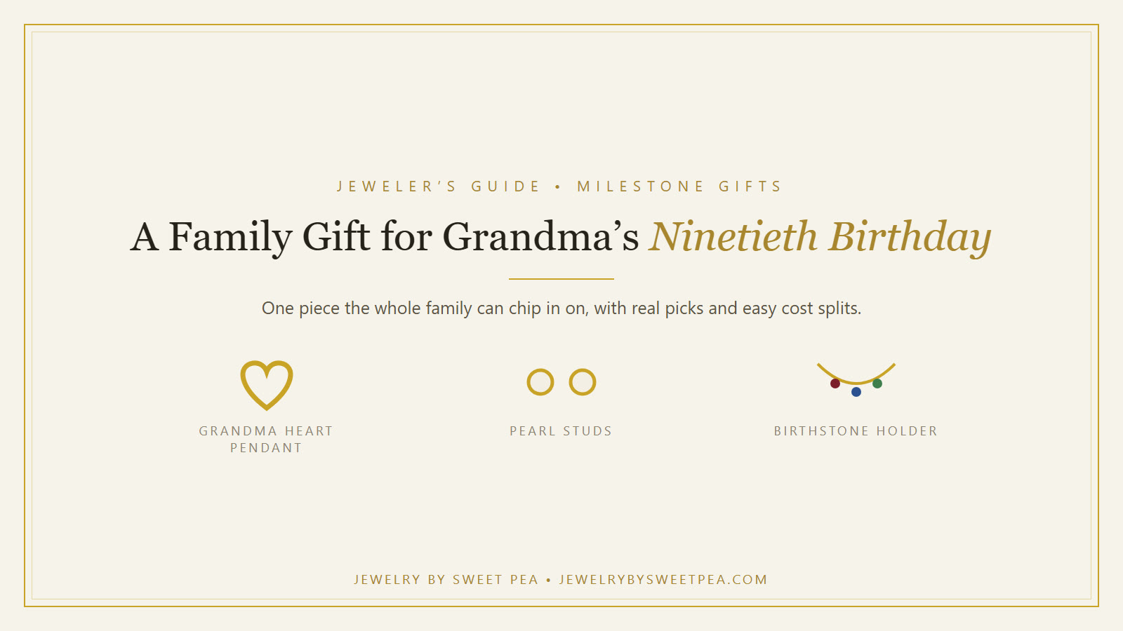 Illustration of a gold grandma heart pendant and pearl studs on a cream background for a grandma's 90th birthday