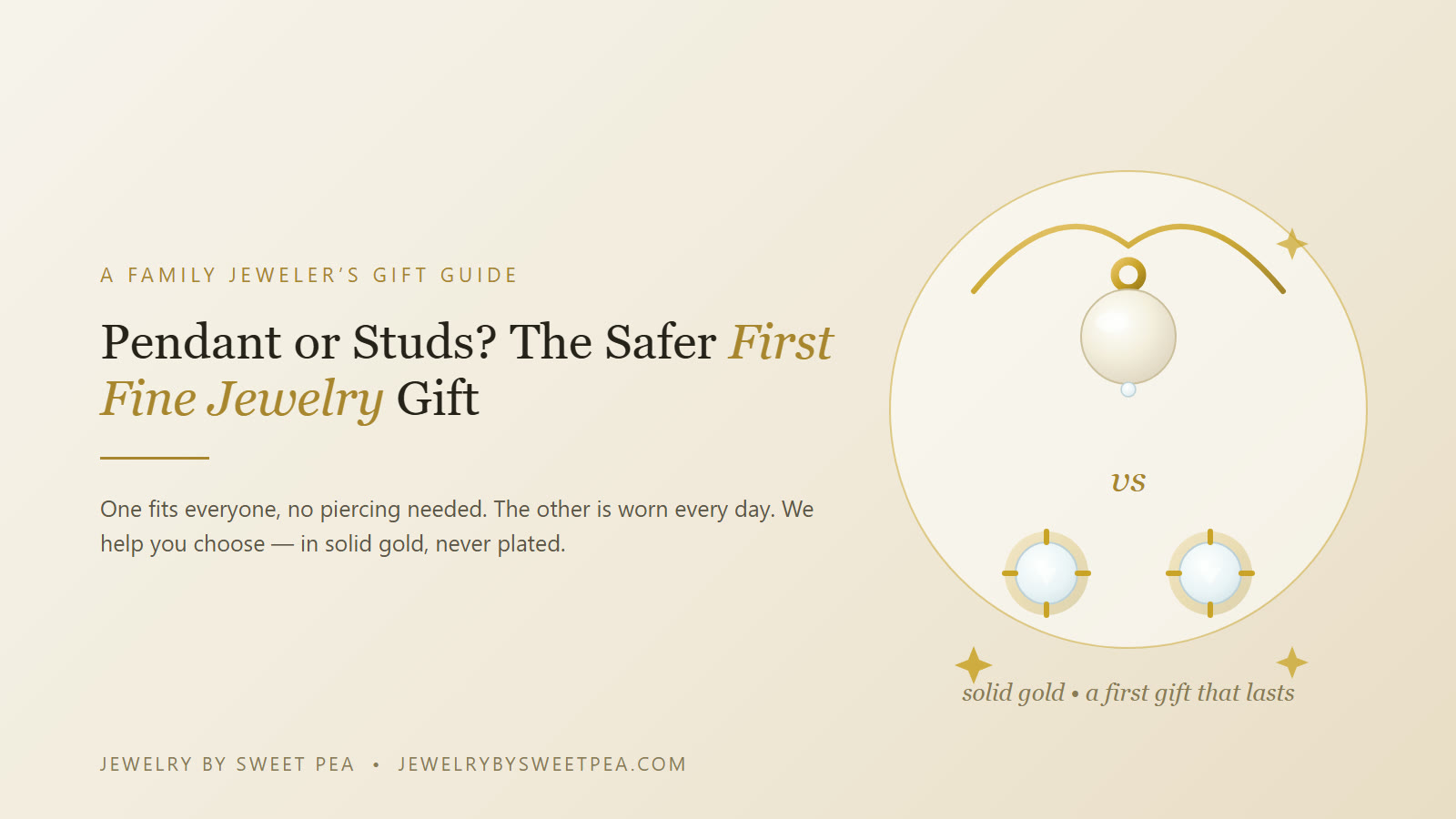 A solid gold pendant necklace beside a pair of diamond stud earrings on a cream background — a family jeweler's guide to the safer first fine jewelry gift