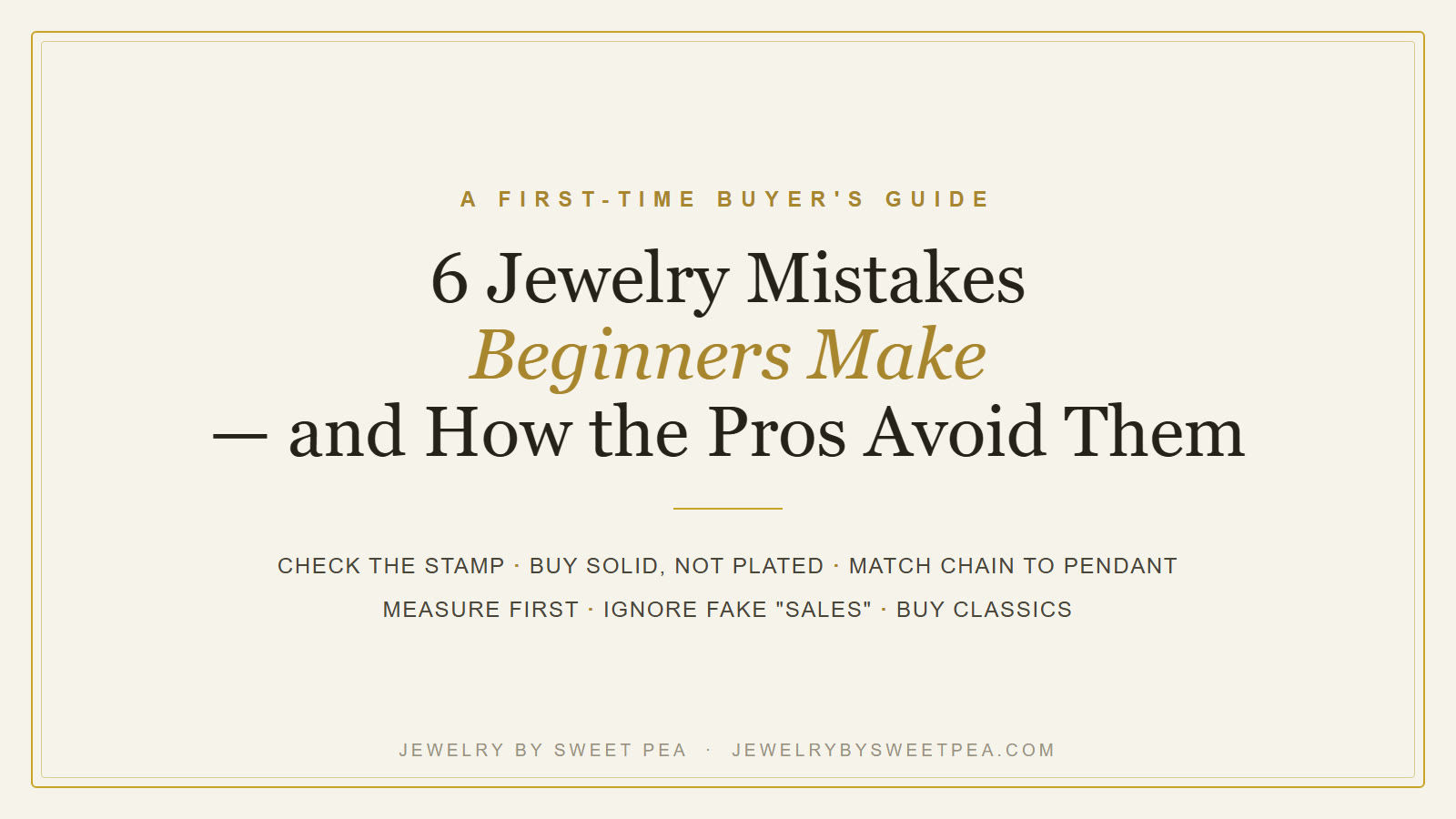 Common first-time jewelry buying mistakes and how professionals avoid them — solid gold chain, diamond studs and a pendant laid out on cream linen