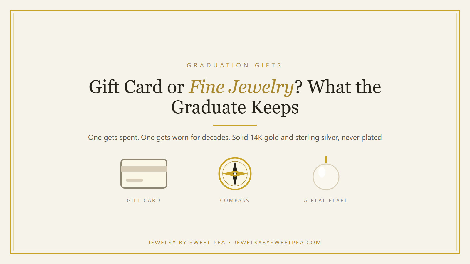Cream and gold graphic comparing a gift card with a pearl, a compass and a gold initial, titled gift card or fine jewelry for the graduate