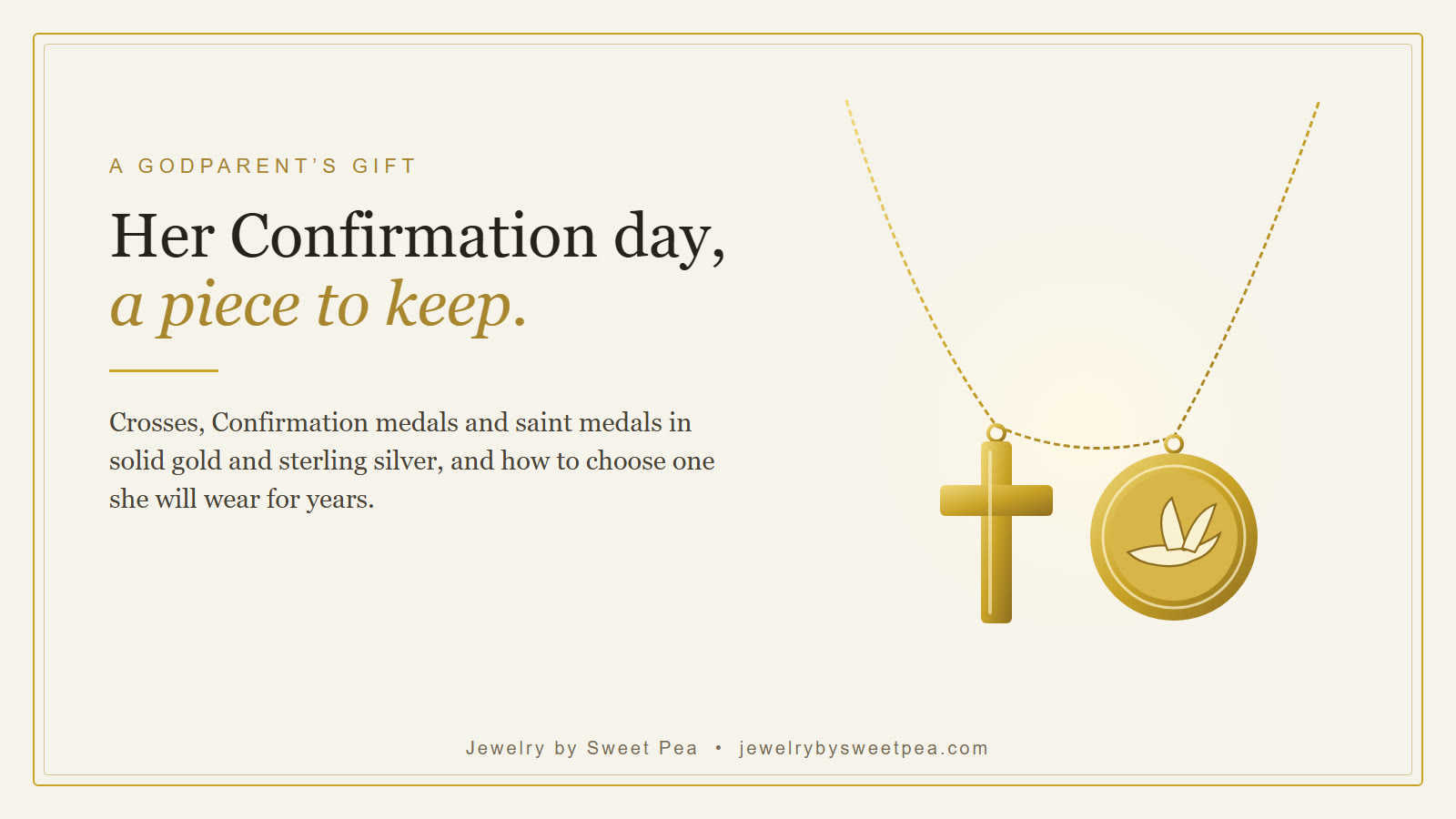 Illustration of a small gold cross and a round Confirmation medal with a dove on a fine gold chain