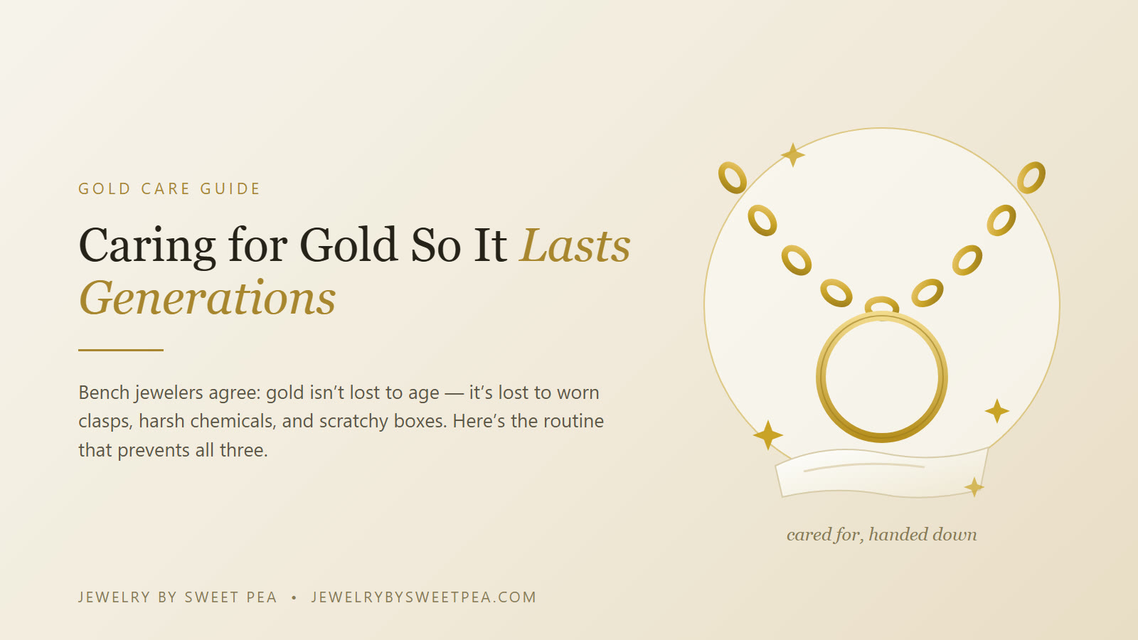 Caring for solid gold jewelry so it lasts generations — a gold chain, bangle, and cross with a soft polishing cloth on cream linen