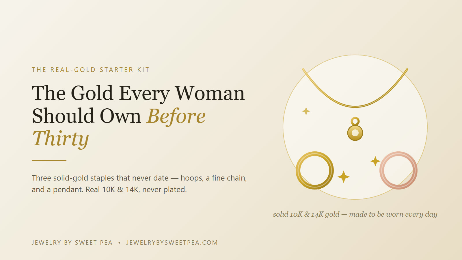 The gold jewelry every woman should own before thirty — solid gold hoop earrings, a fine gold chain, and a pendant on a cream background