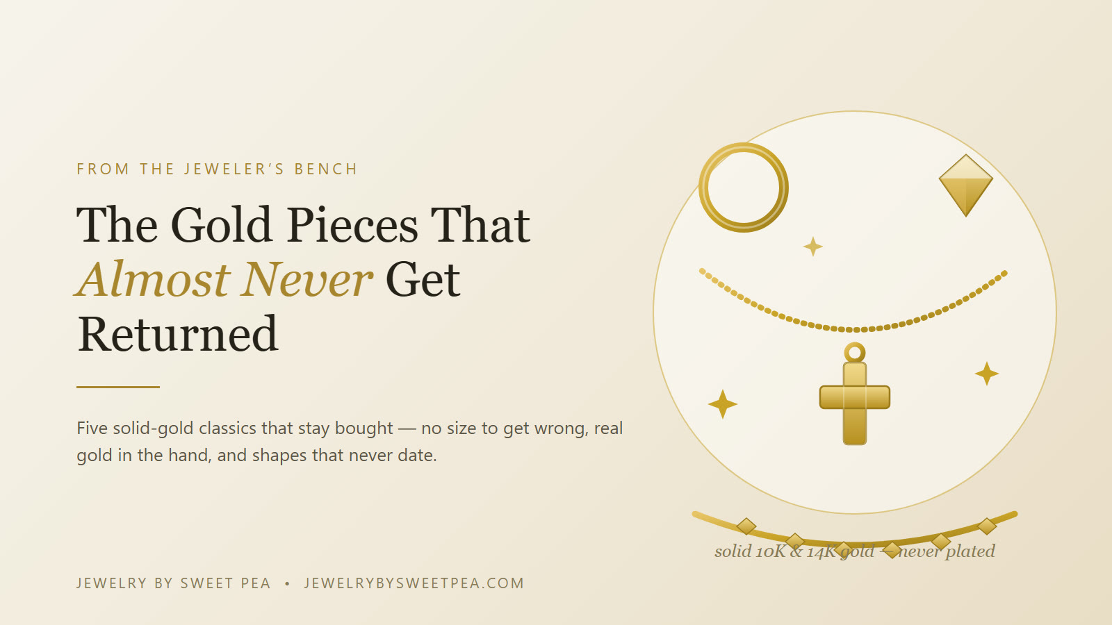 Gold jewelry pieces that almost never get returned — hoops, diamond studs, a rope chain, a cross pendant and a diamond bracelet in solid gold