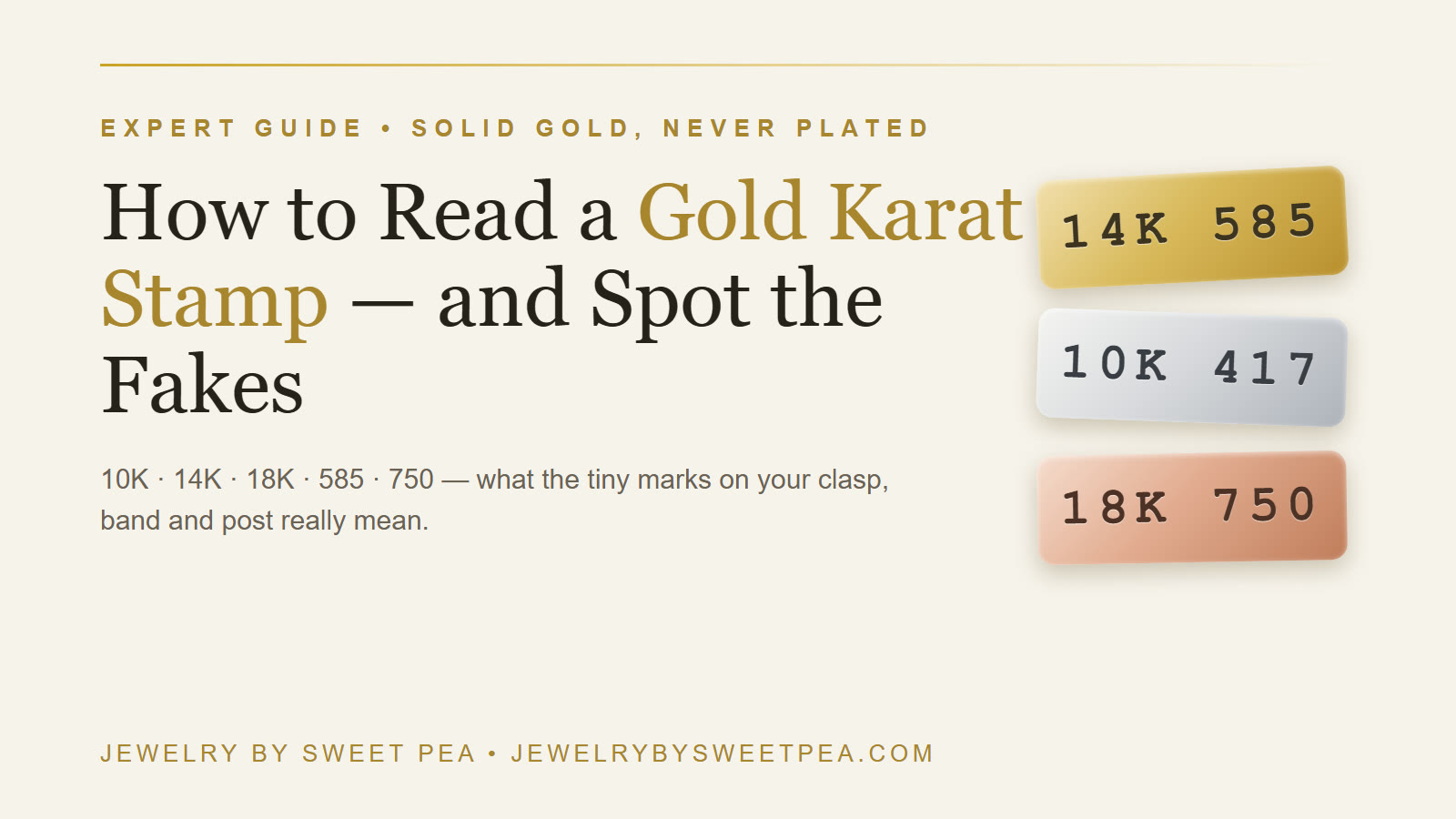 How to read a gold karat stamp — a jeweler's loupe over the 14K stamp on a solid gold clasp