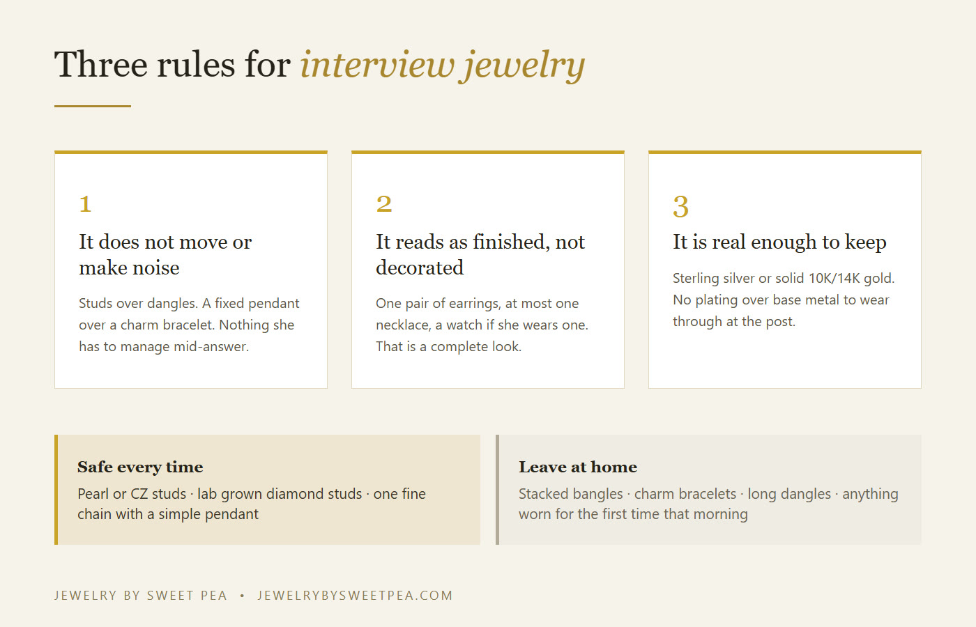 Three rules for interview jewelry: it should not move or make noise, it should read as finished rather than decorated, and it should be real enough to keep, with studs and a fixed pendant shown as the safe choices