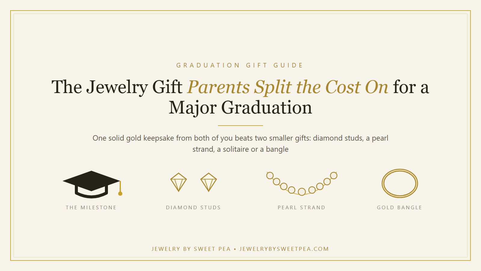 Cream and gold graphic: a graduation cap beside diamond stud earrings, a pearl strand and a gold bangle, the jewelry gifts parents split the cost on