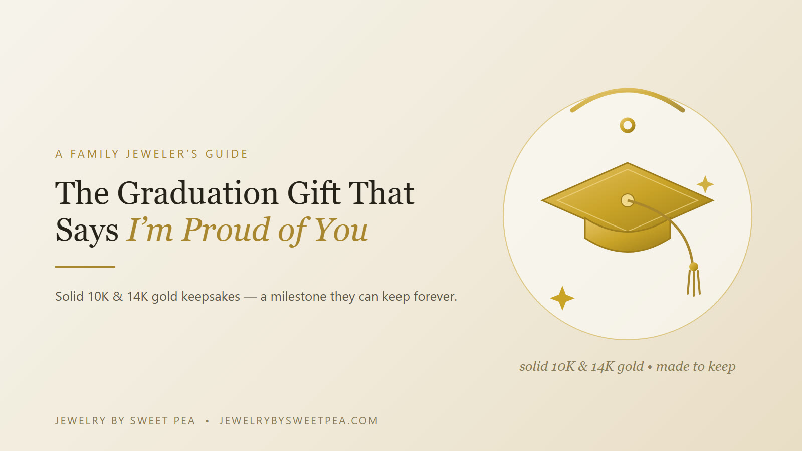 A solid 14K gold graduation cap pendant on a soft cloth — a family jeweler's guide to jewelry gifts that show a college graduate you are proud of them