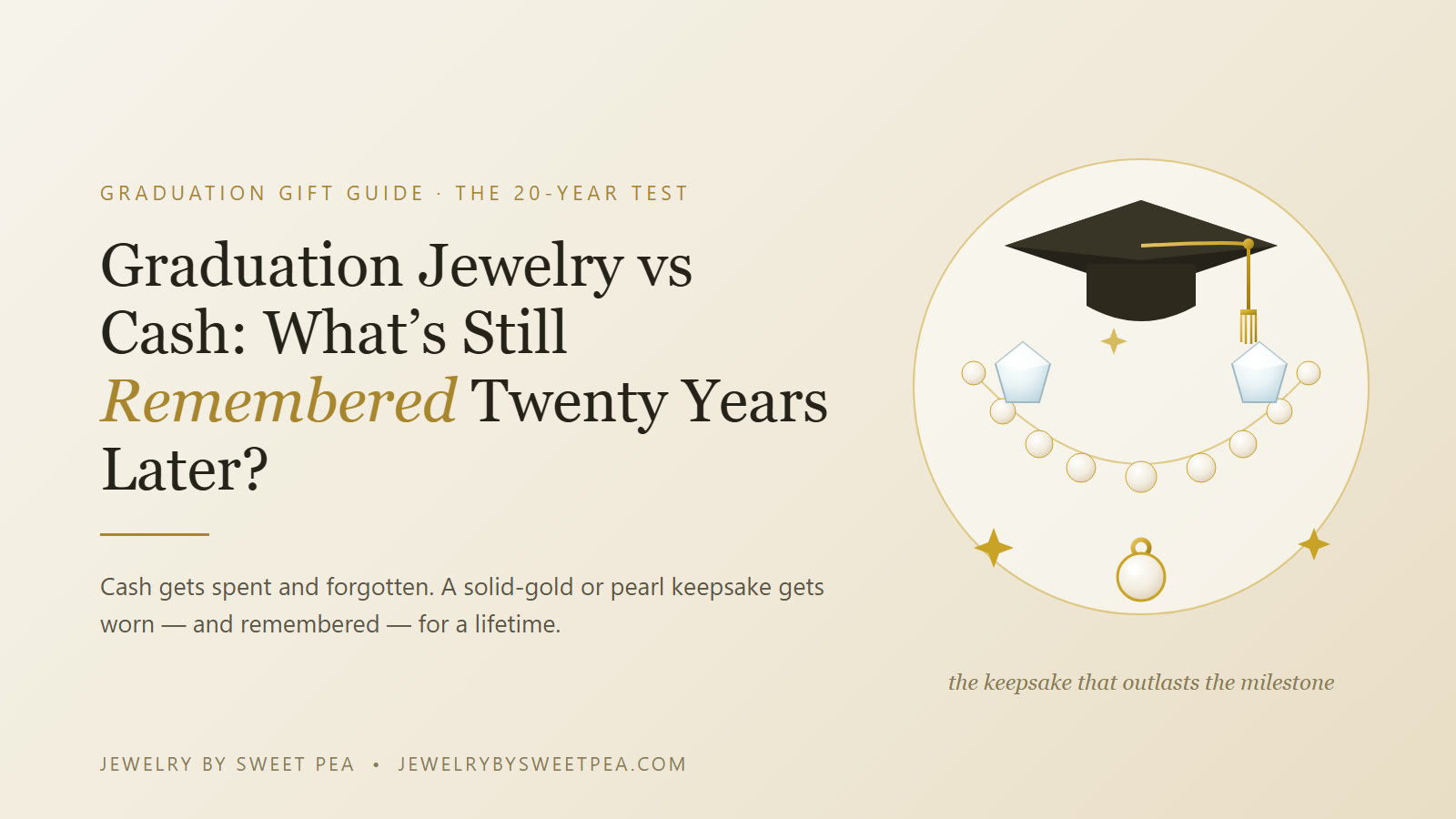 Graduation jewelry vs cash gifts — a solid gold pendant and pearl necklace beside a graduation cap, the keepsake that outlasts cash