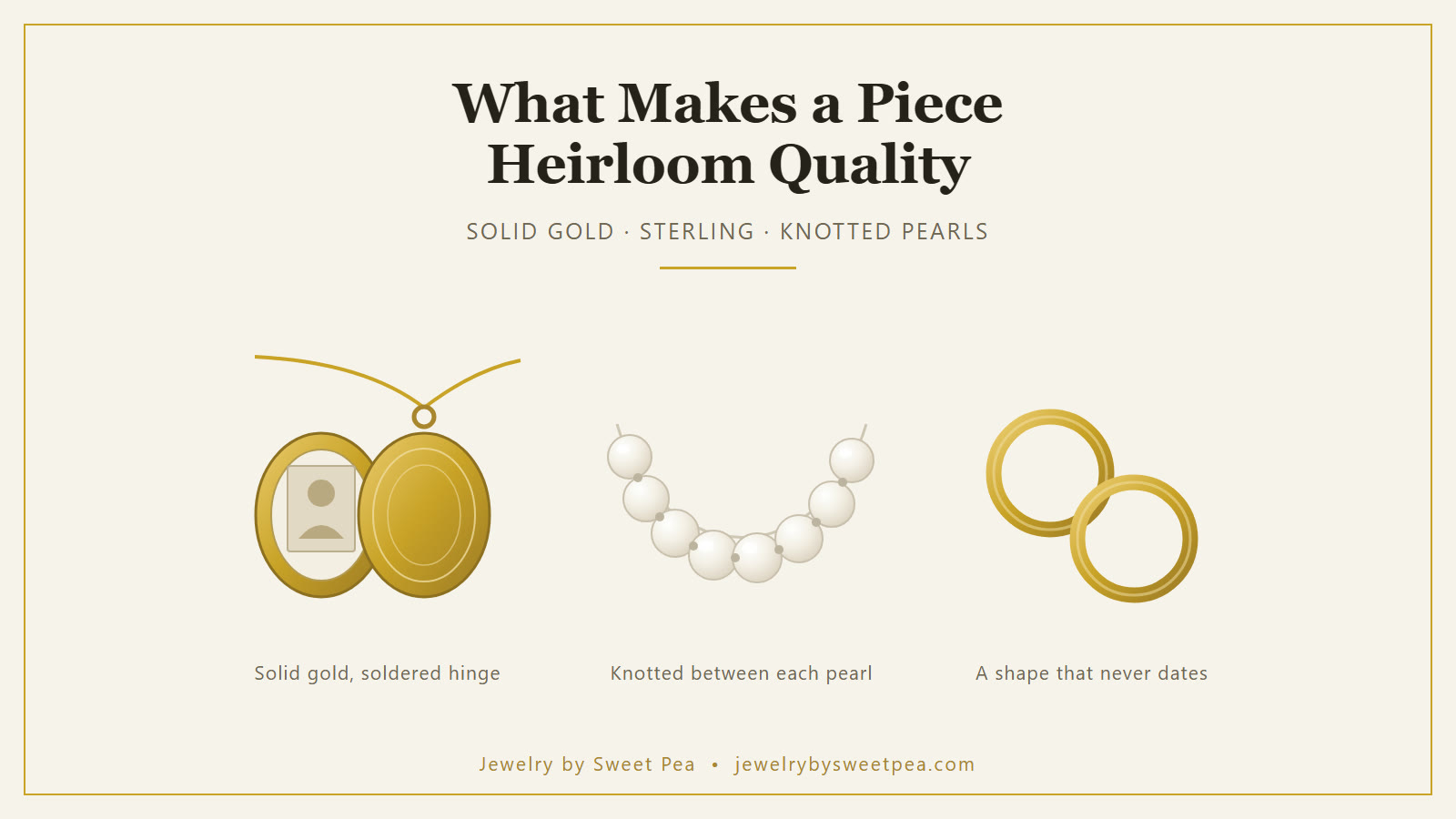 A gold oval locket, a strand of white Akoya pearls and a pair of gold hoop earrings arranged on cream fabric beside a jeweler's loupe