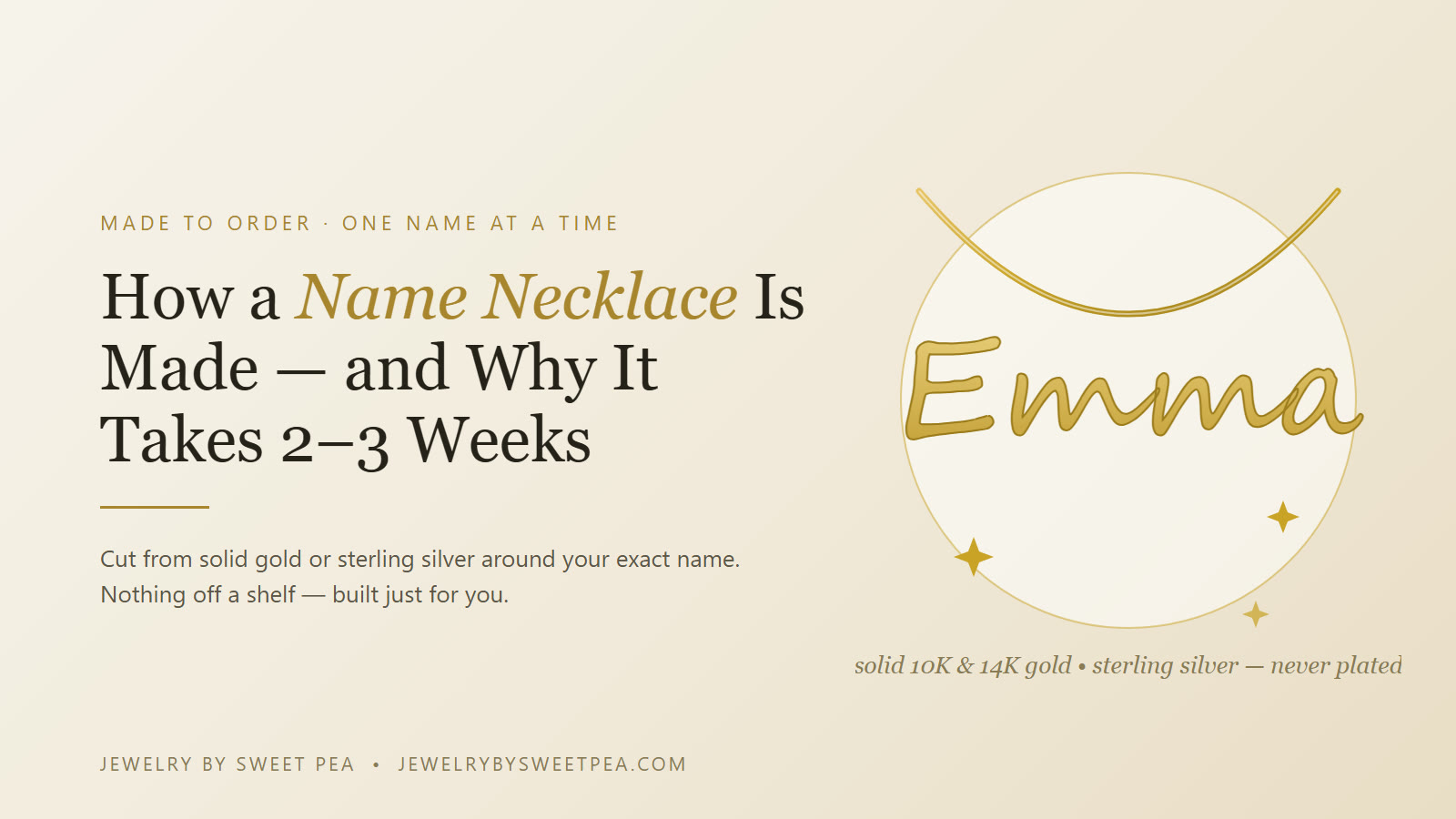 How personalized name necklaces are made — a script name necklace in solid gold being cut and polished by hand