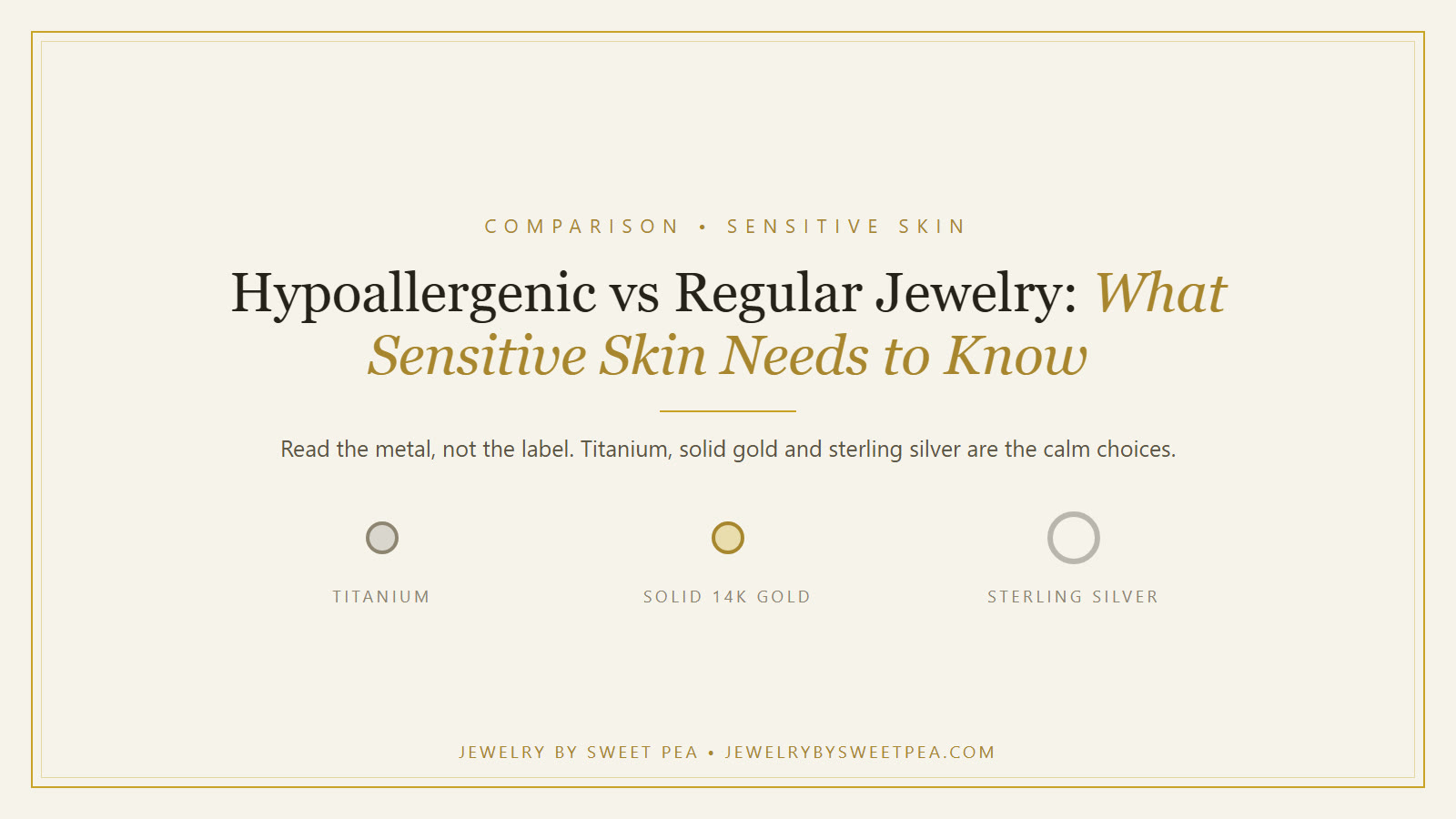 Cream and gold graphic reading Hypoallergenic vs Regular Jewelry, What Sensitive Skin Wearers Need to Know, comparing titanium, solid gold and sterling silver