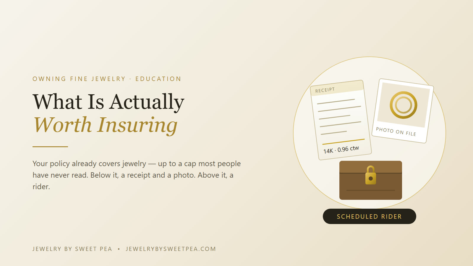 Insuring fine jewelry: an itemized receipt, a photograph and a locking jewelry chest on one side, a scheduled policy rider on the other