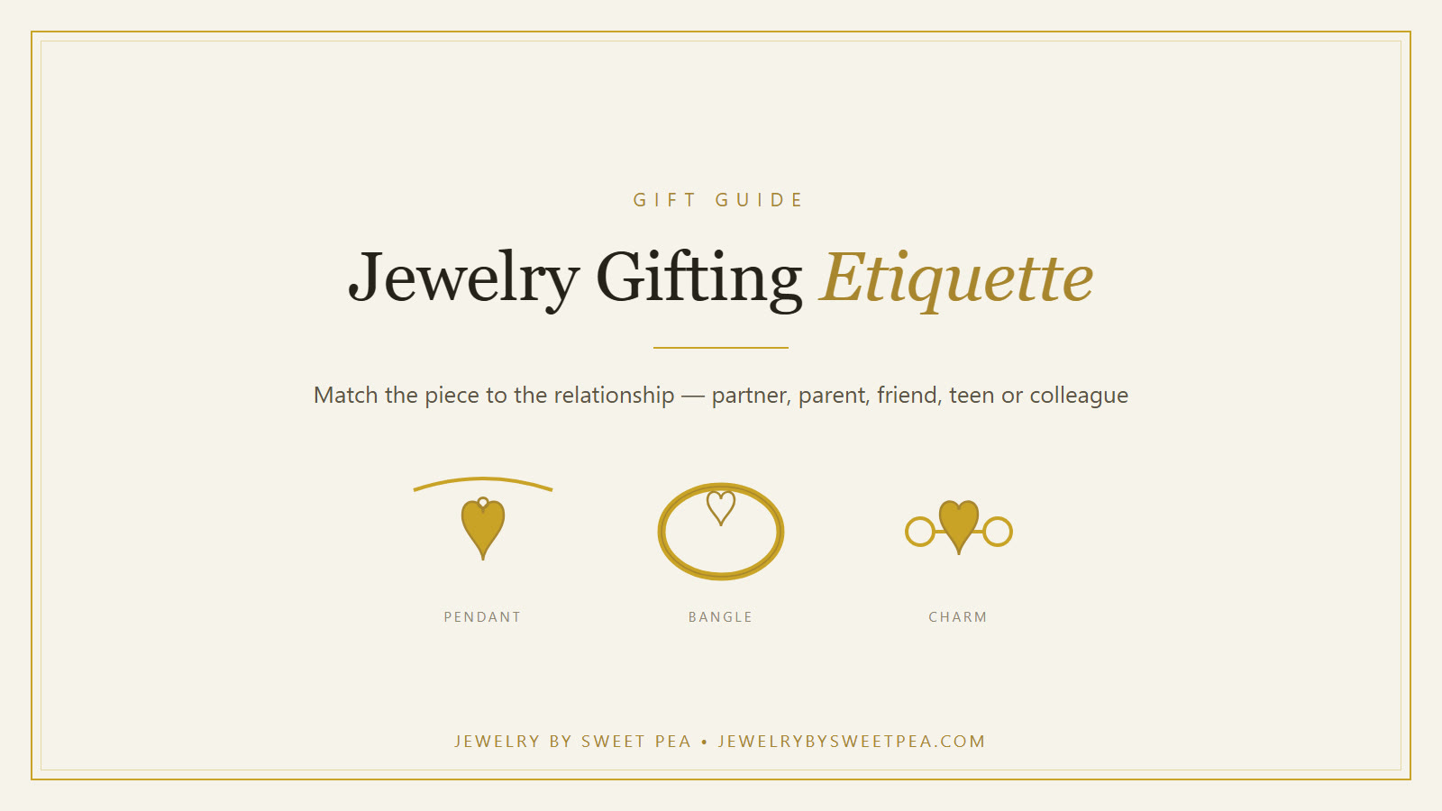 A gold pendant, a silver bangle and a small charm arranged on a cream background beside the words jewelry gifting etiquette