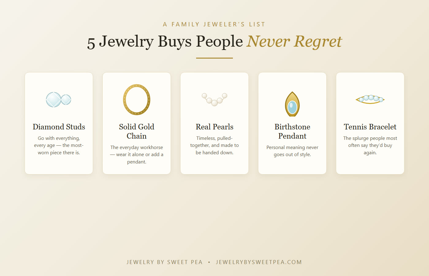 Five jewelry purchases people never regret: diamond studs, a solid gold chain, a pearl necklace, a birthstone pendant, and a diamond tennis bracelet