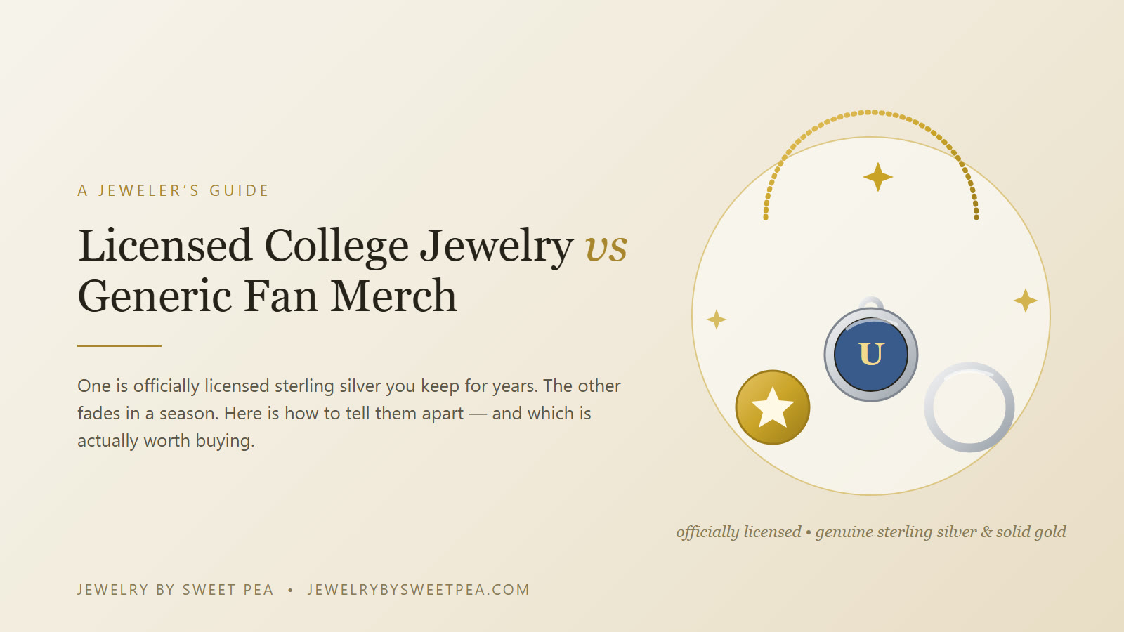 Licensed college jewelry vs generic fan merchandise — a sterling silver collegiate pendant, a gold star charm and a silver hoop on a cream background