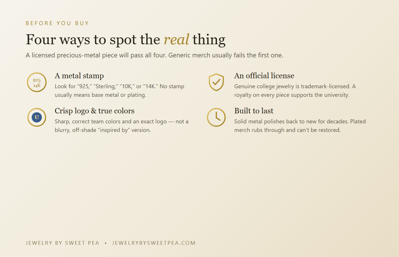 Four ways to spot real licensed precious-metal jewelry: a metal stamp like 925 or 14K, an official license, a crisp logo with true colors, and solid construction built to last