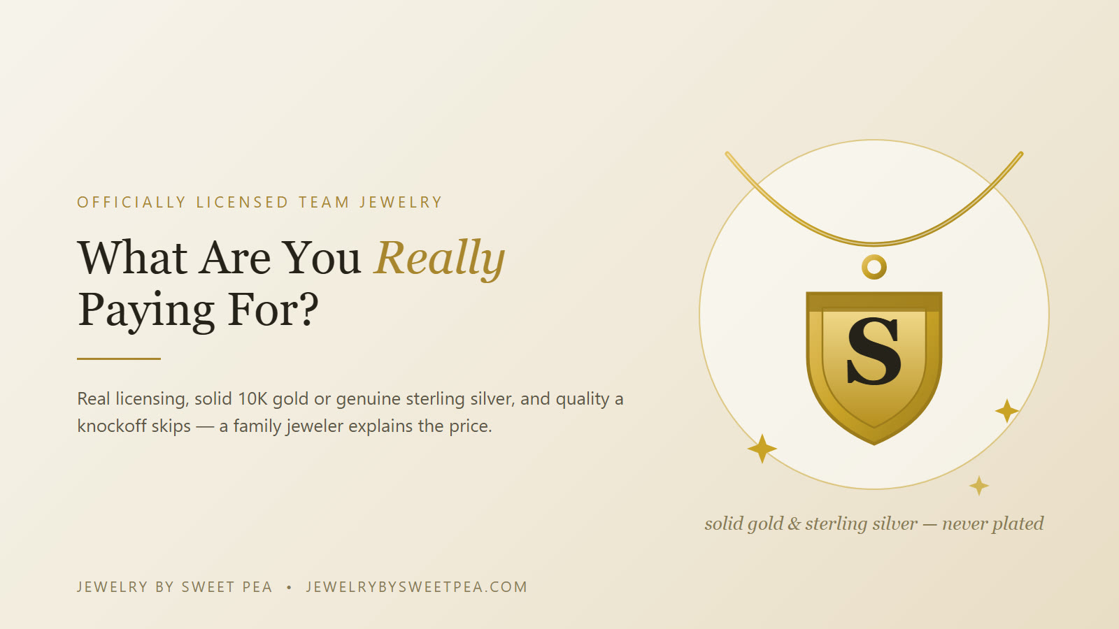 Officially licensed collegiate and team jewelry — solid 10K gold and sterling silver team pendants on a cream background