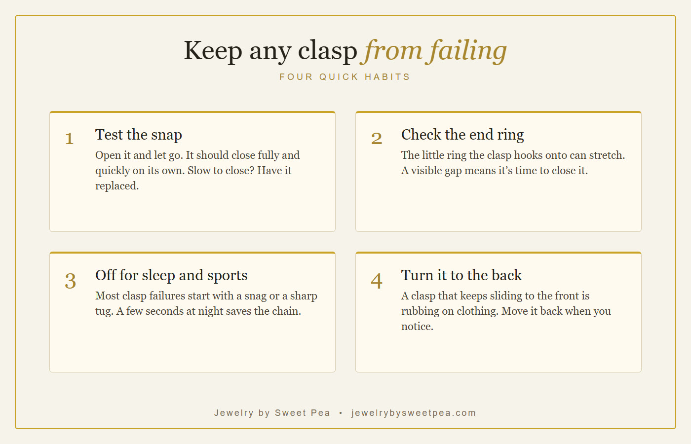 Checklist for keeping a necklace clasp secure: test the snap, check the end ring, take it off for sleep and sports