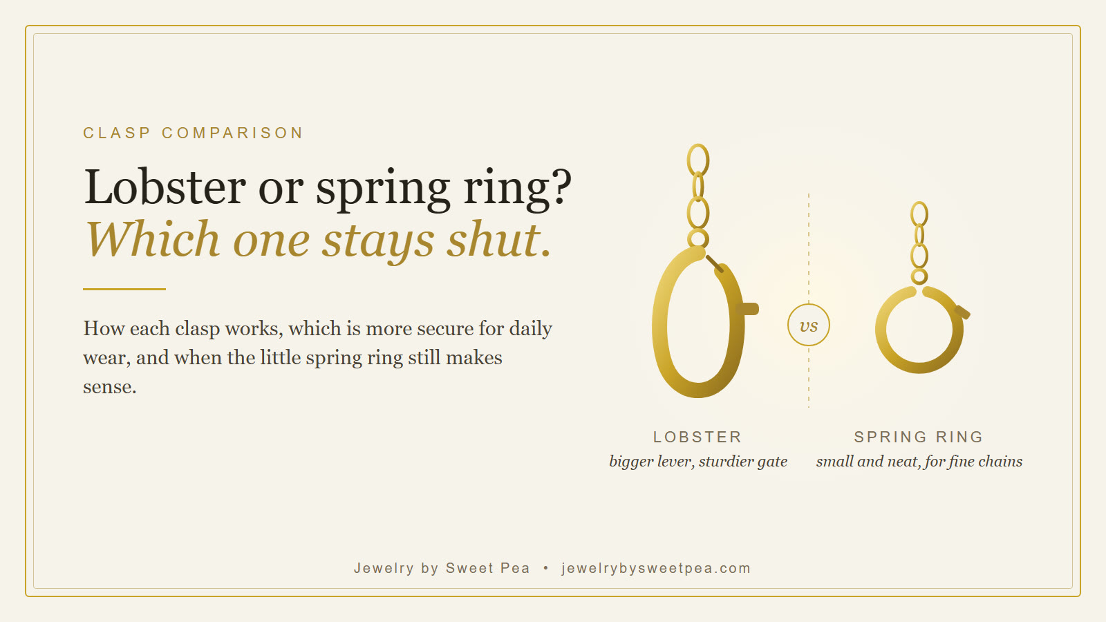Illustration comparing a gold lobster clasp and a gold spring ring clasp side by side