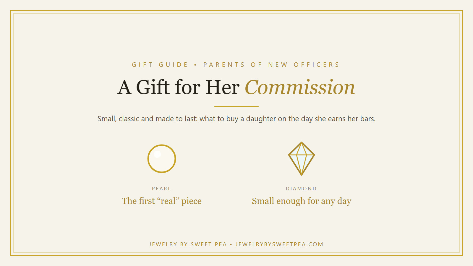 Cream and gold graphic reading A Gift for Her Commission, with a pearl and a diamond stud