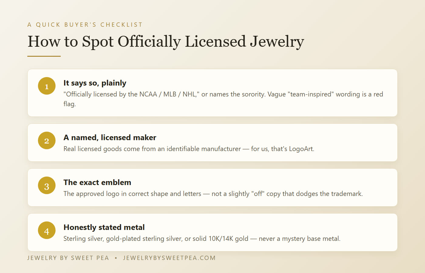 How to spot officially licensed jewelry: look for the license statement, a named manufacturer like LogoArt, the exact emblem, and stated solid metal
