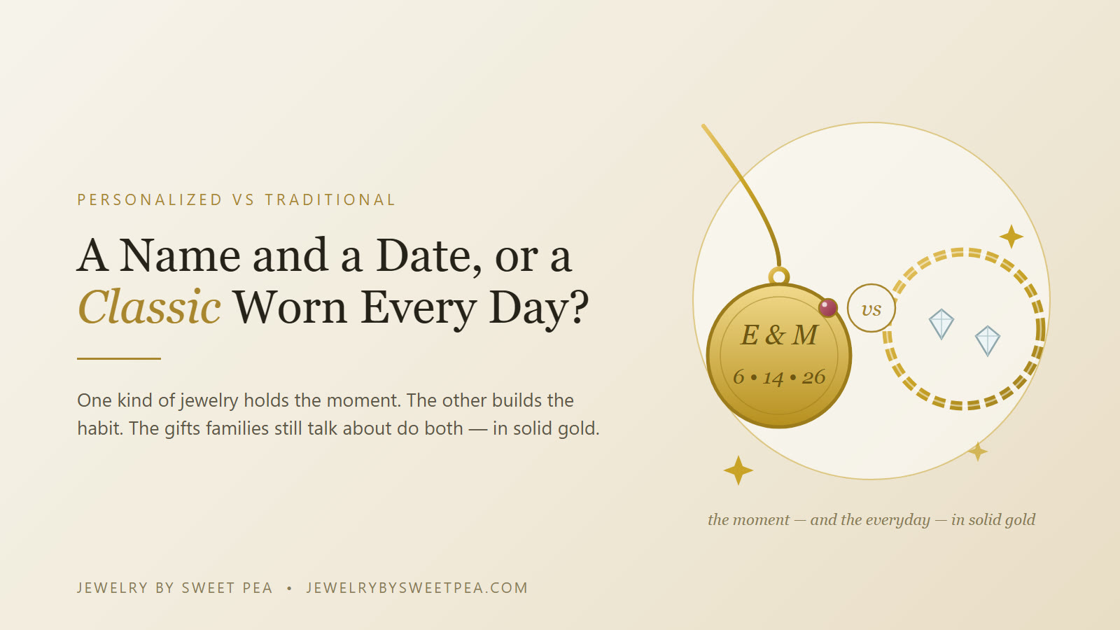 Personalized jewelry versus traditional jewelry — an engraved gold locket beside a classic gold rope chain