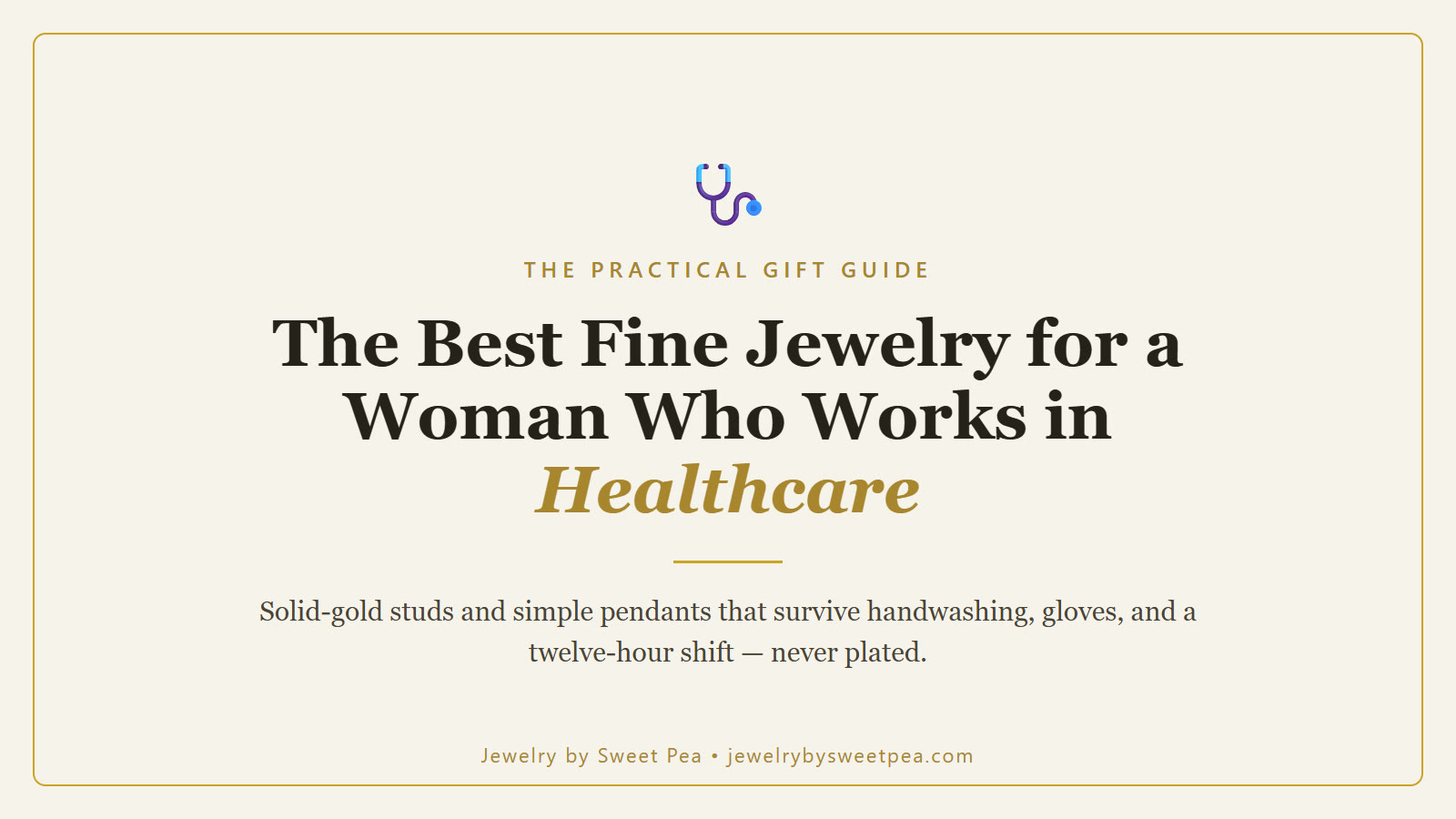 Solid gold stud earrings and a small nurse pendant on a cream background, practical fine jewelry gifts for a woman who works in healthcare