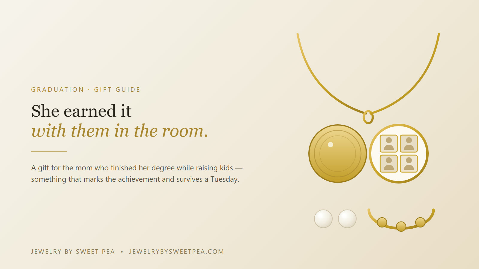 Open gold locket with four photo frames, pearl studs and a gold charm bracelet - jewelry gifts for a single mom who finished her degree