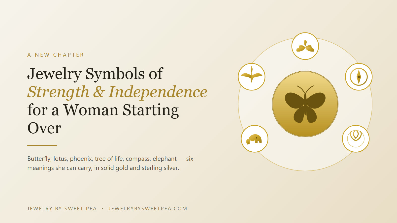 Jewelry symbols of strength and independence for a woman starting over — butterfly, lotus, phoenix, tree of life, compass, and elephant in solid gold and sterling silver