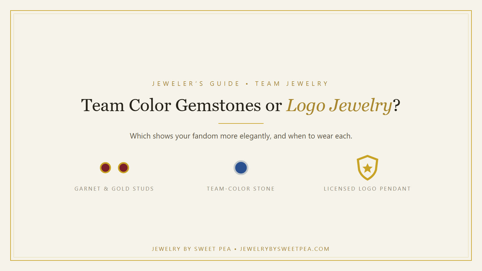 Illustration of garnet and gold studs, a team-color gemstone and a licensed logo pendant on a cream background