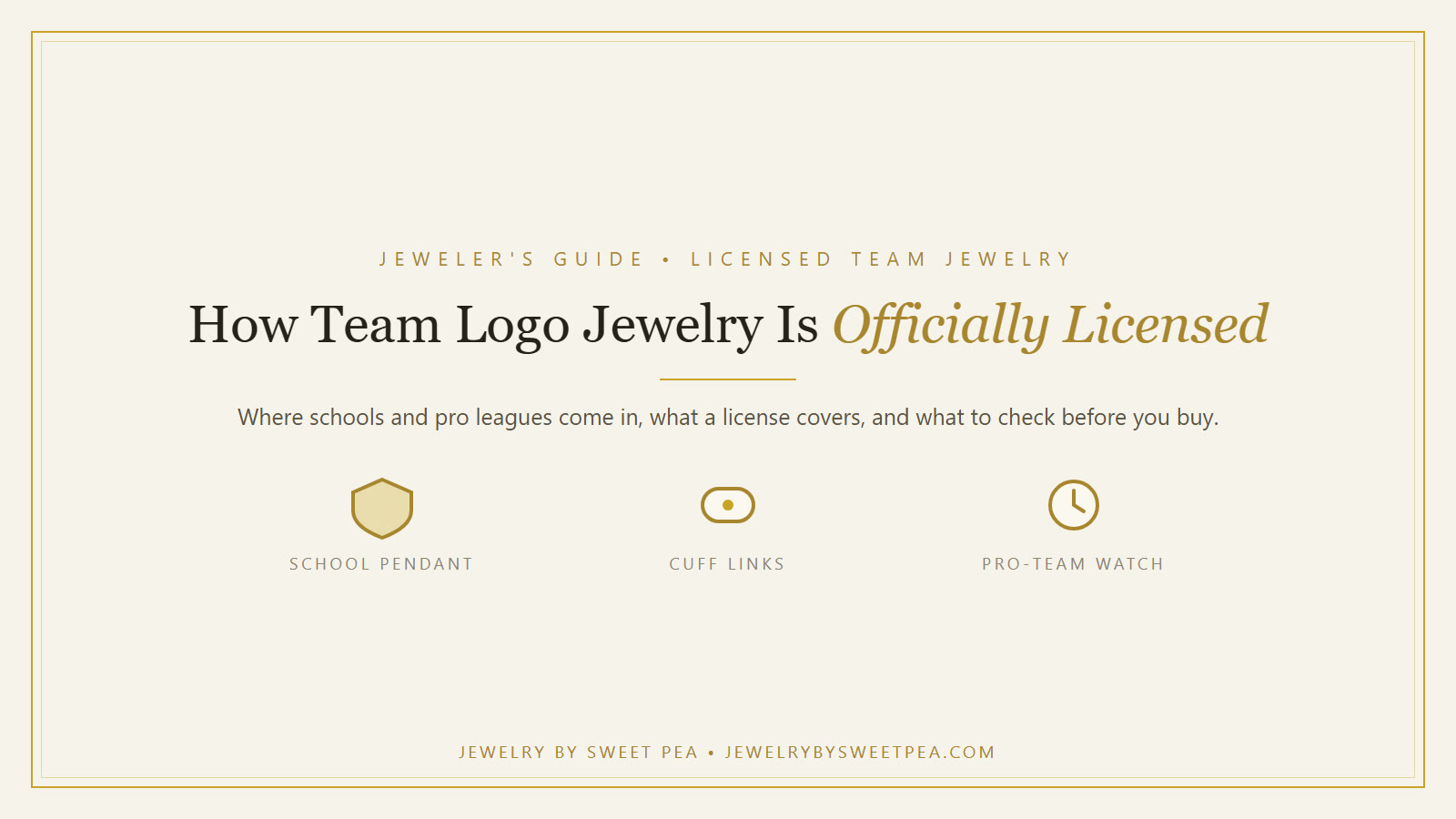 Official licensed team logo jewelry: a pendant, cuff links and a charm watch on a cream background
