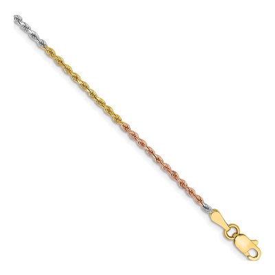 14K Tri-Color Gold 1.75mm Diamond-Cut Rope Chain Bracelet