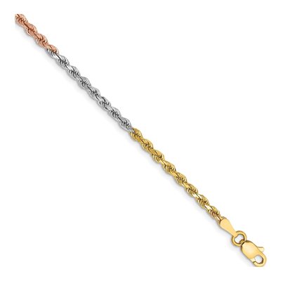 14K Tri-Color Gold 2.5mm Diamond-Cut Rope Chain Bracelet