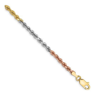 14K Tri-Color Gold 2.9mm Diamond-Cut Rope Chain Bracelet