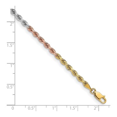 14K Tri-Color Gold 3mm Diamond-Cut 7-inch Rope Chain Bracelet – view 2
