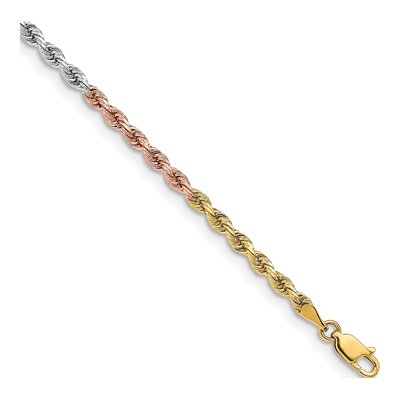 14K Tri-Color Gold 3mm Diamond-Cut 7-inch Rope Chain Bracelet