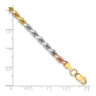 14K Tri-Color Gold 4mm Diamond-Cut Rope Chain Bracelet – view 3